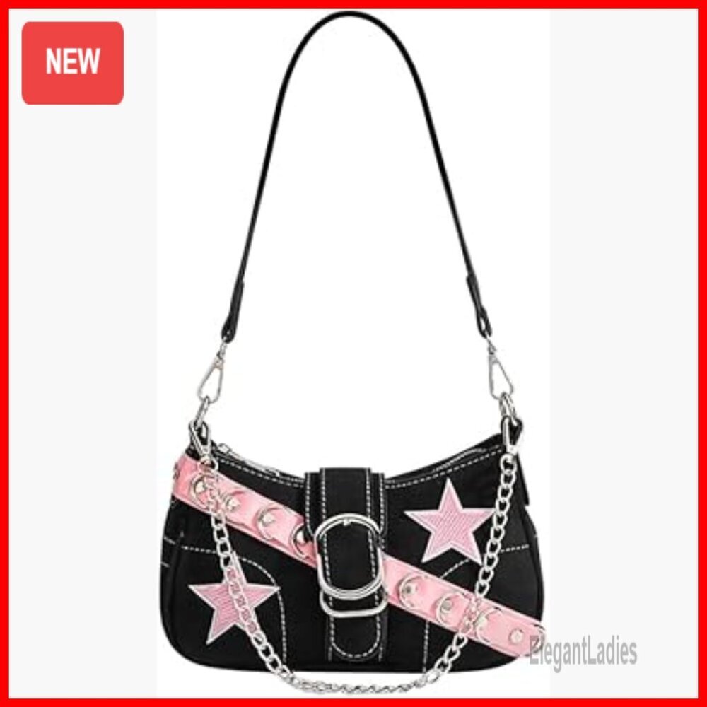 Y2K Mini Shoulder Bag with Star Embroidery, Chain Strap, PU Leather